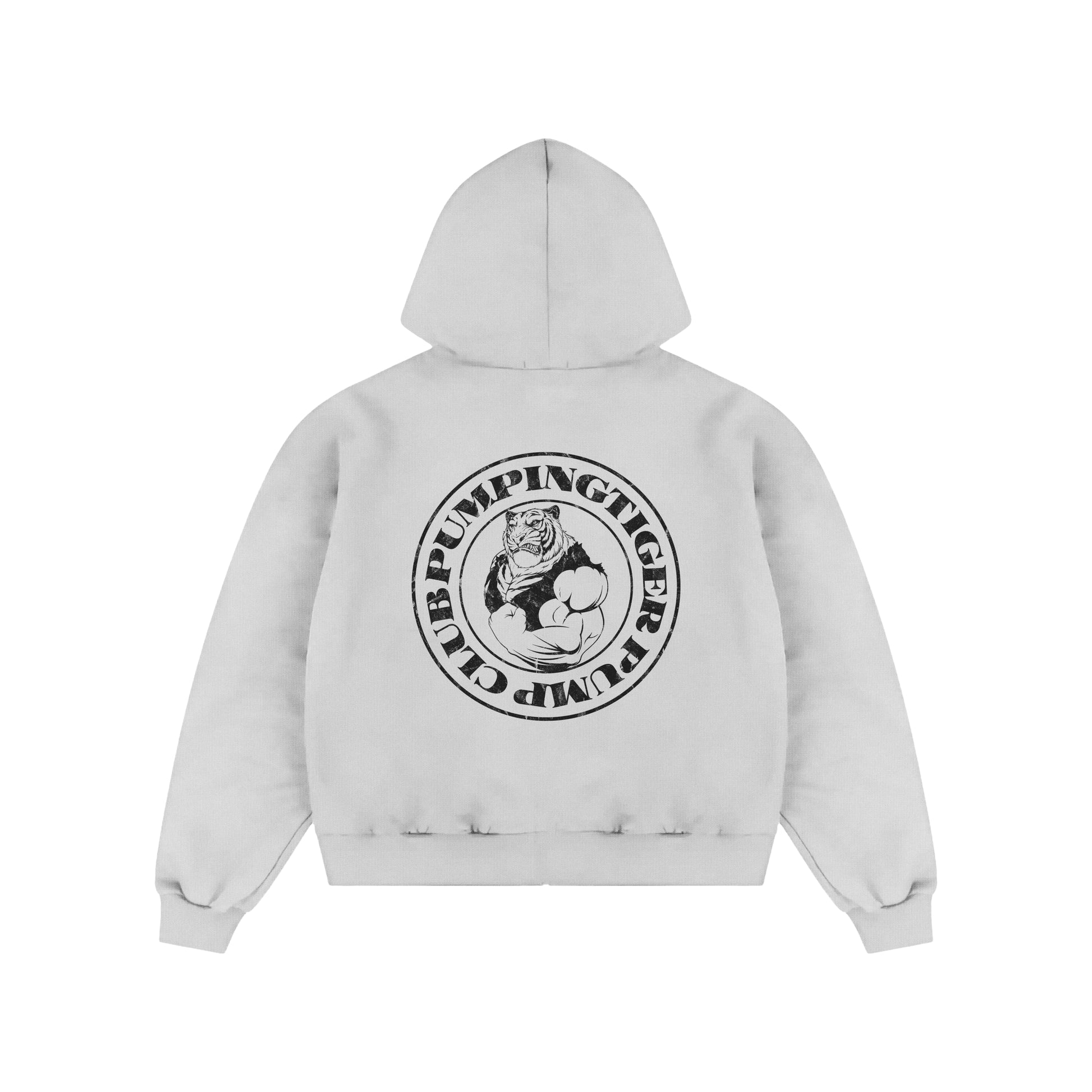 PUMPINGTIGER Tigers Pump Club 350 GSM White Zip-Up Hoodie featuring a large black Tigers Pump Club back graphic.