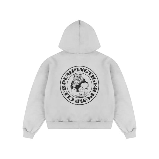 PUMPINGTIGER Tigers Pump Club 350 GSM White Zip-Up Hoodie featuring a large black Tigers Pump Club back graphic.