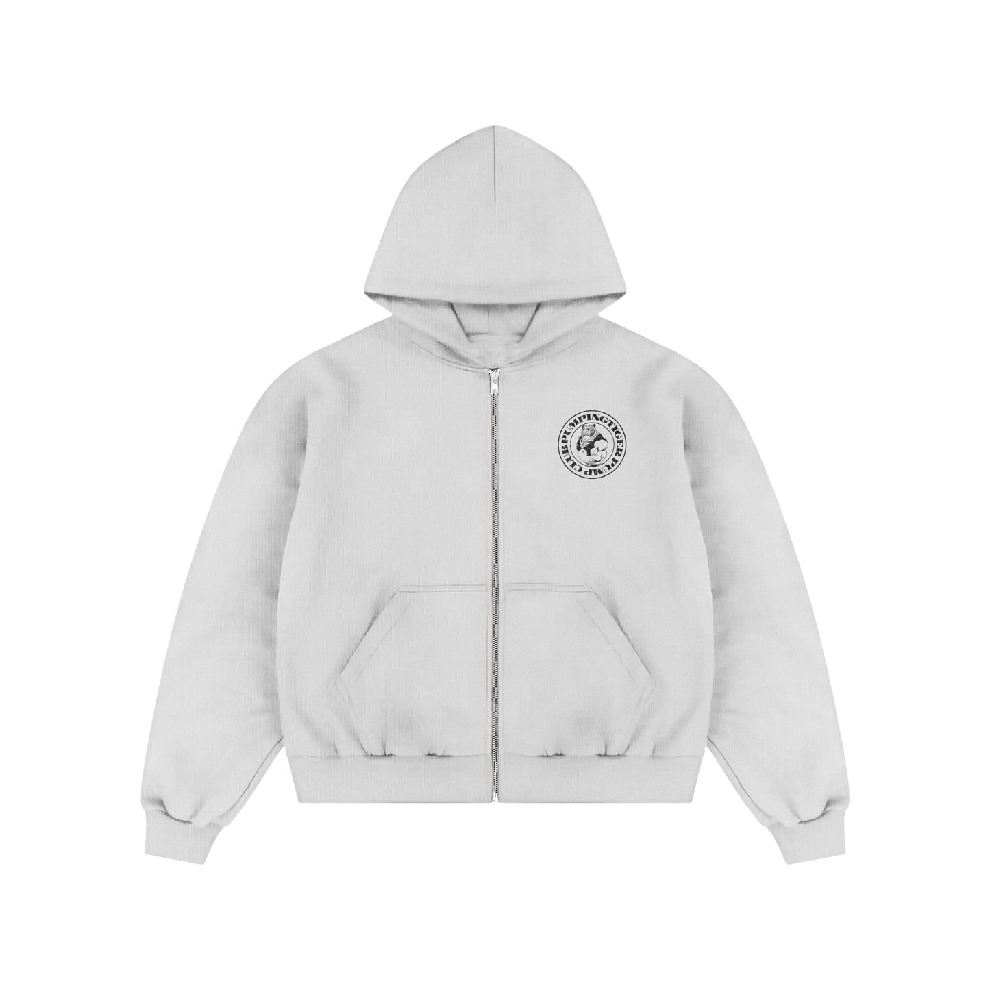 PUMPINGTIGER Tigers Pump Club 350 GSM White Zip-Up Hoodie featuring a premium chest crest and YKK dual zipper.