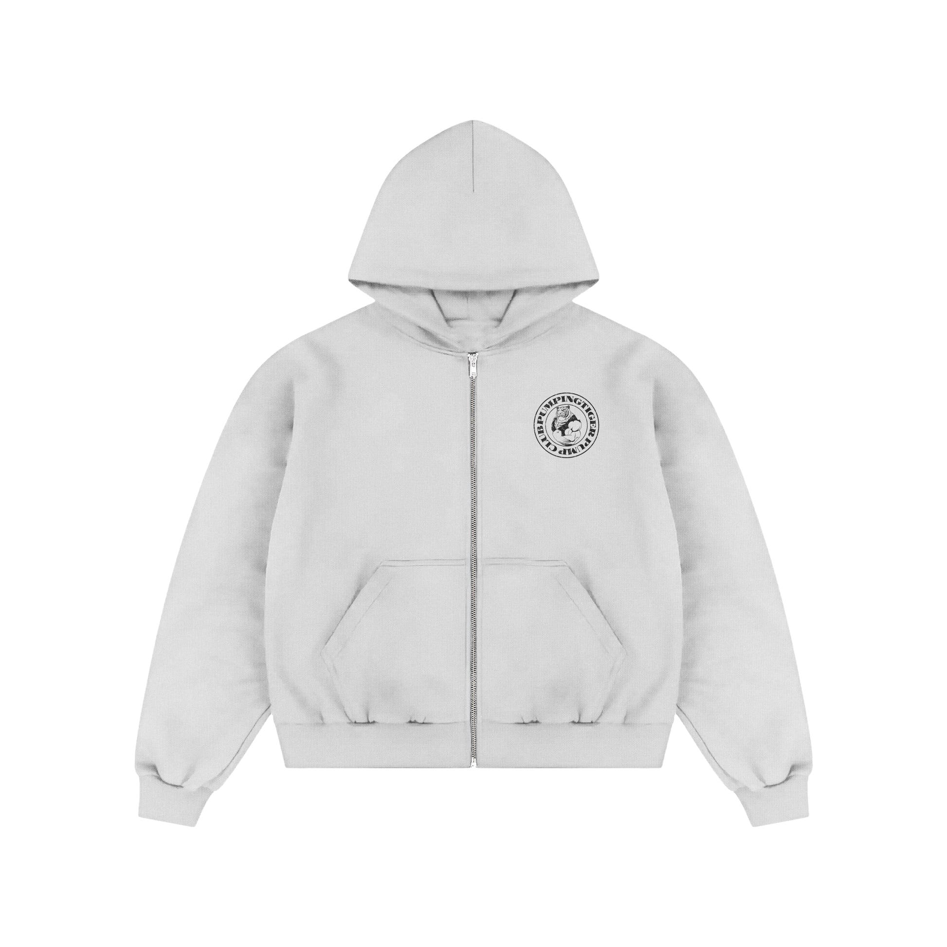 PUMPINGTIGER Tigers Pump Club 350 GSM White Zip-Up Hoodie featuring a premium chest crest and YKK dual zipper.
