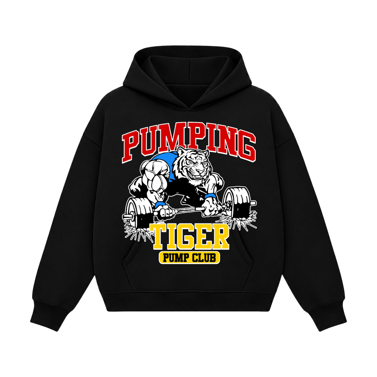 PUMPINGTIGER Time To Smash black boxy hoodie featuring a muscular tiger deadlifting a barbell with bold red PUMPING lettering and yellow TIGER typography