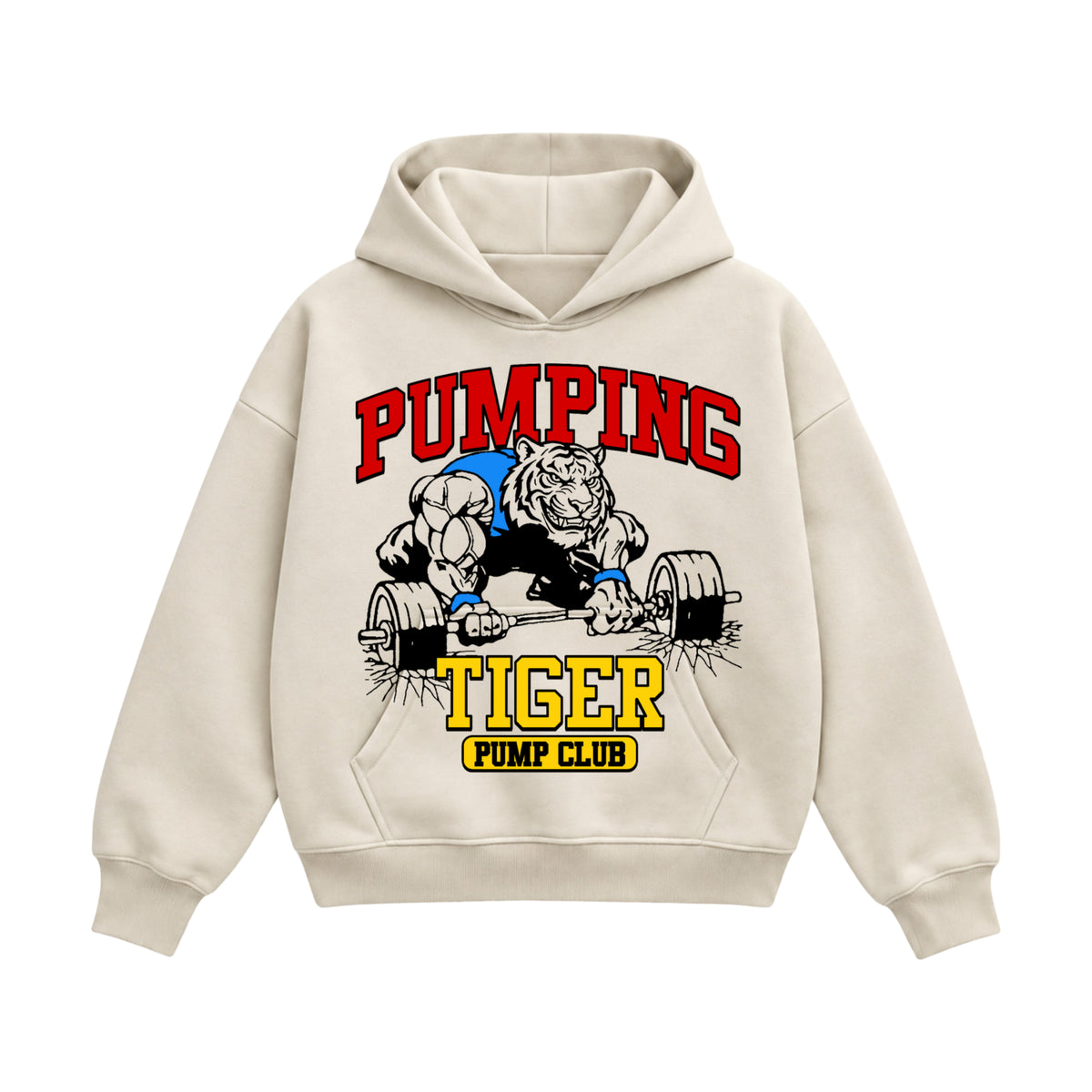 PUMPINGTIGER Time To Smash cream boxy hoodie featuring a muscular tiger lifting a barbell with red, blue and yellow graphics