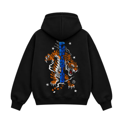Back view of Untamed black boxy zipper hoodie with large tiger graphic by PUMPINGTIGER