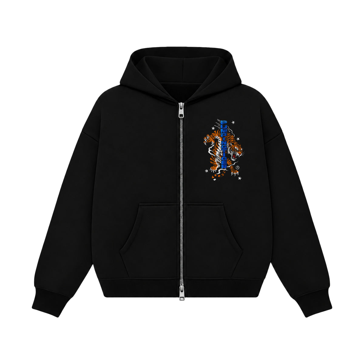 Untamed black boxy zipper hoodie in 360 GSM 100% cotton fleece with tiger graphic by PUMPINGTIGER