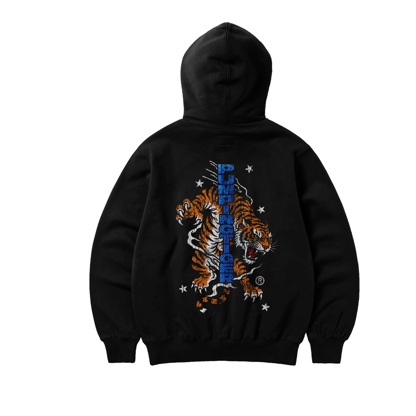 PUMPINGTIGER Untamed Black Oversized Hoodie featuring a large distressed tiger graphic with vertical PUMPINGTIGER artwork.