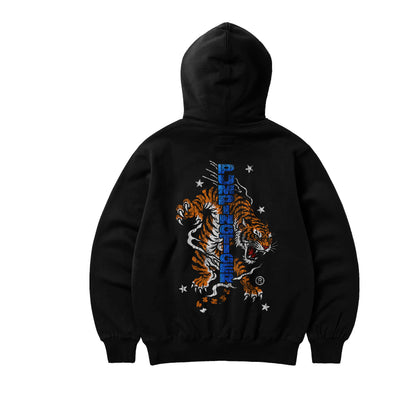 PUMPINGTIGER Untamed Black Oversized Hoodie featuring a large distressed tiger graphic with vertical PUMPINGTIGER artwork.