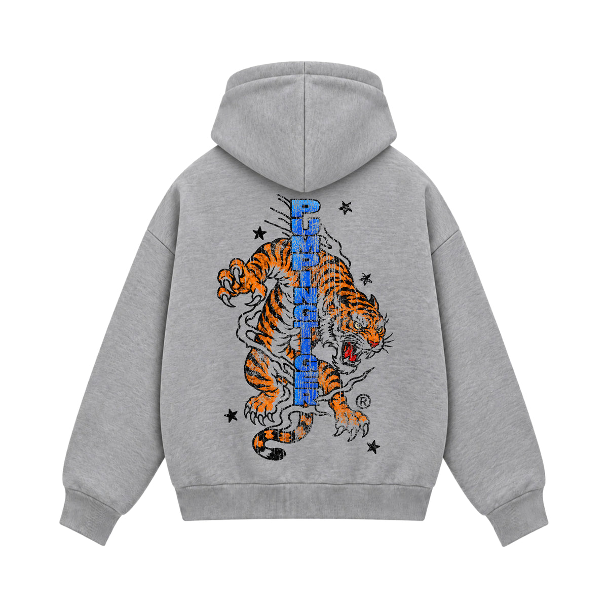 Back view of Untamed grey boxy zipper hoodie with large tiger graphic by PUMPINGTIGER