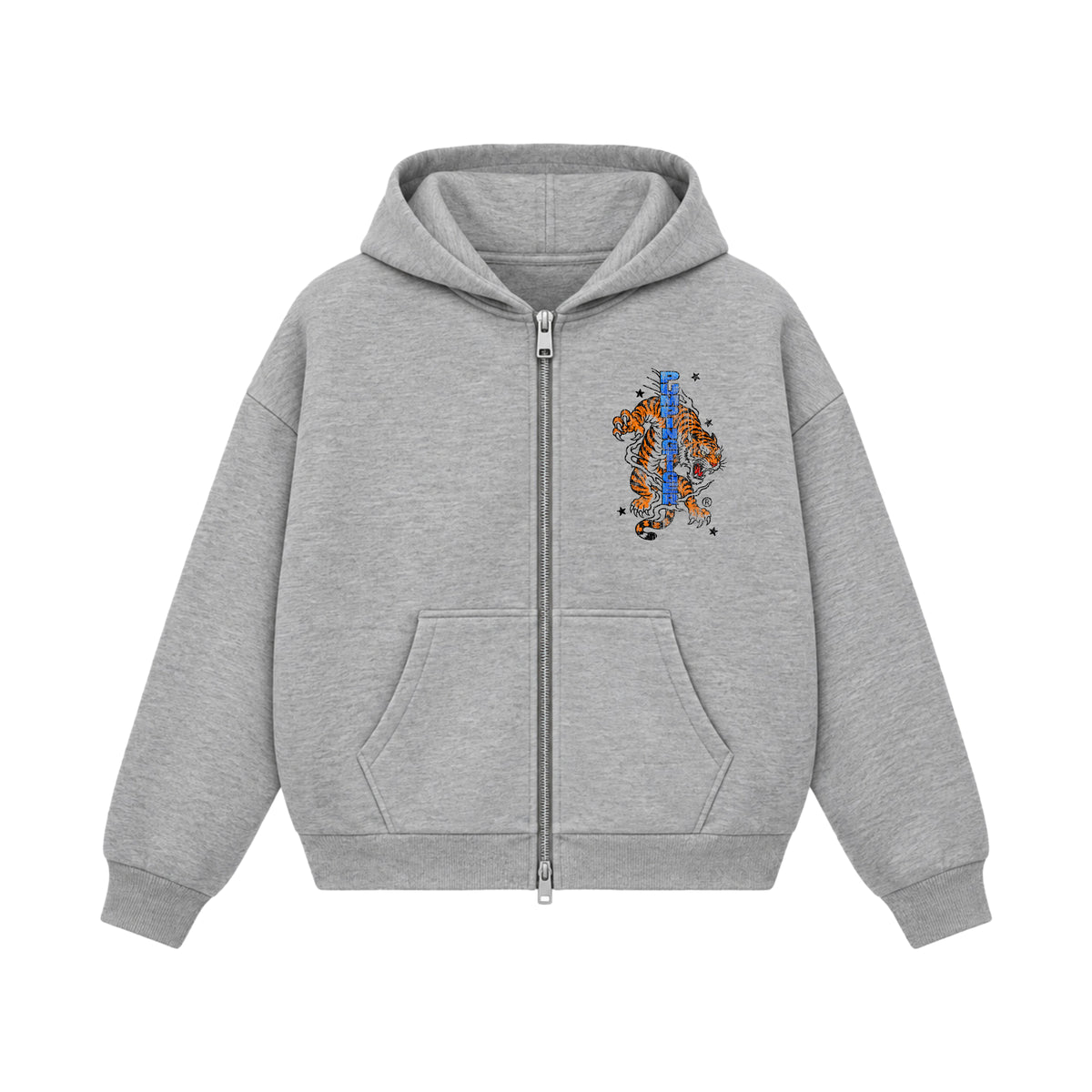 Untamed grey boxy zipper hoodie in 360 GSM 100% cotton fleece with tiger graphic by PUMPINGTIGER