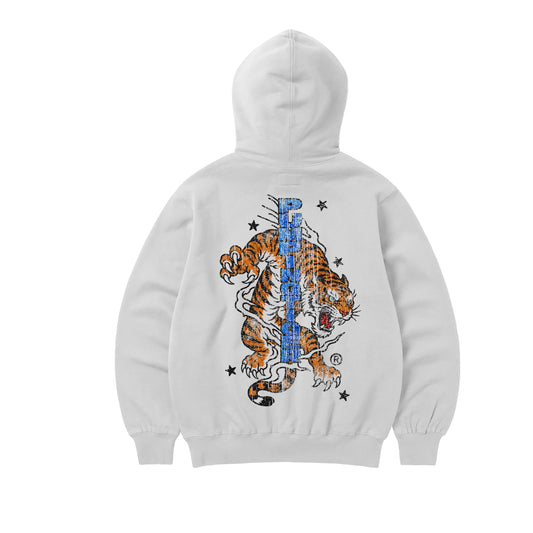 PUMPINGTIGER Untamed White Oversized Hoodie featuring a large distressed tiger graphic with vertical PUMPINGTIGER artwork.