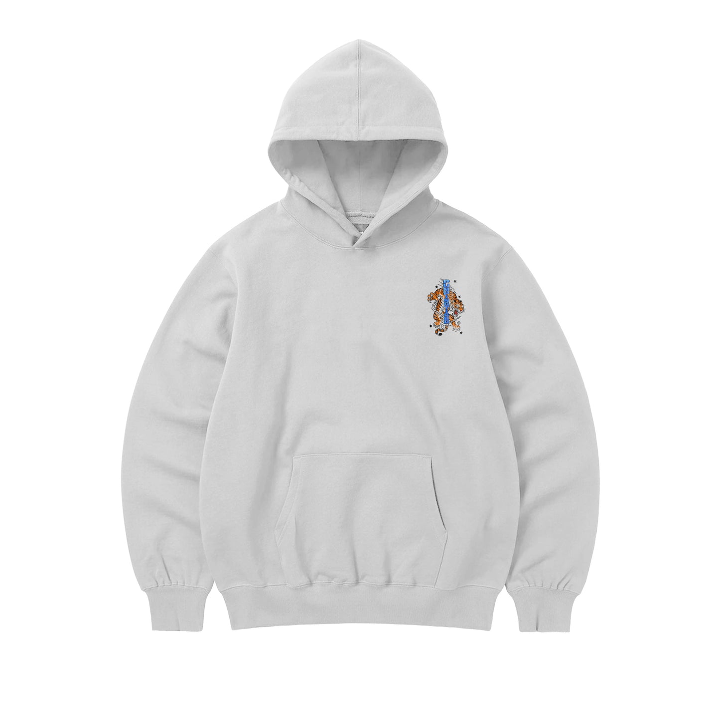 PUMPINGTIGER Untamed White Oversized Hoodie featuring a distressed tiger chest graphic on premium 350 GSM heavyweight cotton.