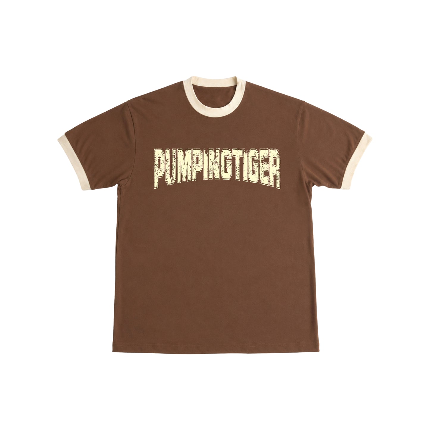 PUMPINGTIGER Varsity Ringer T-Shirt in Mousse & Cream with premium 220 GSM cotton, regular fit, vintage athletic design, and heavyweight men's gym wear.