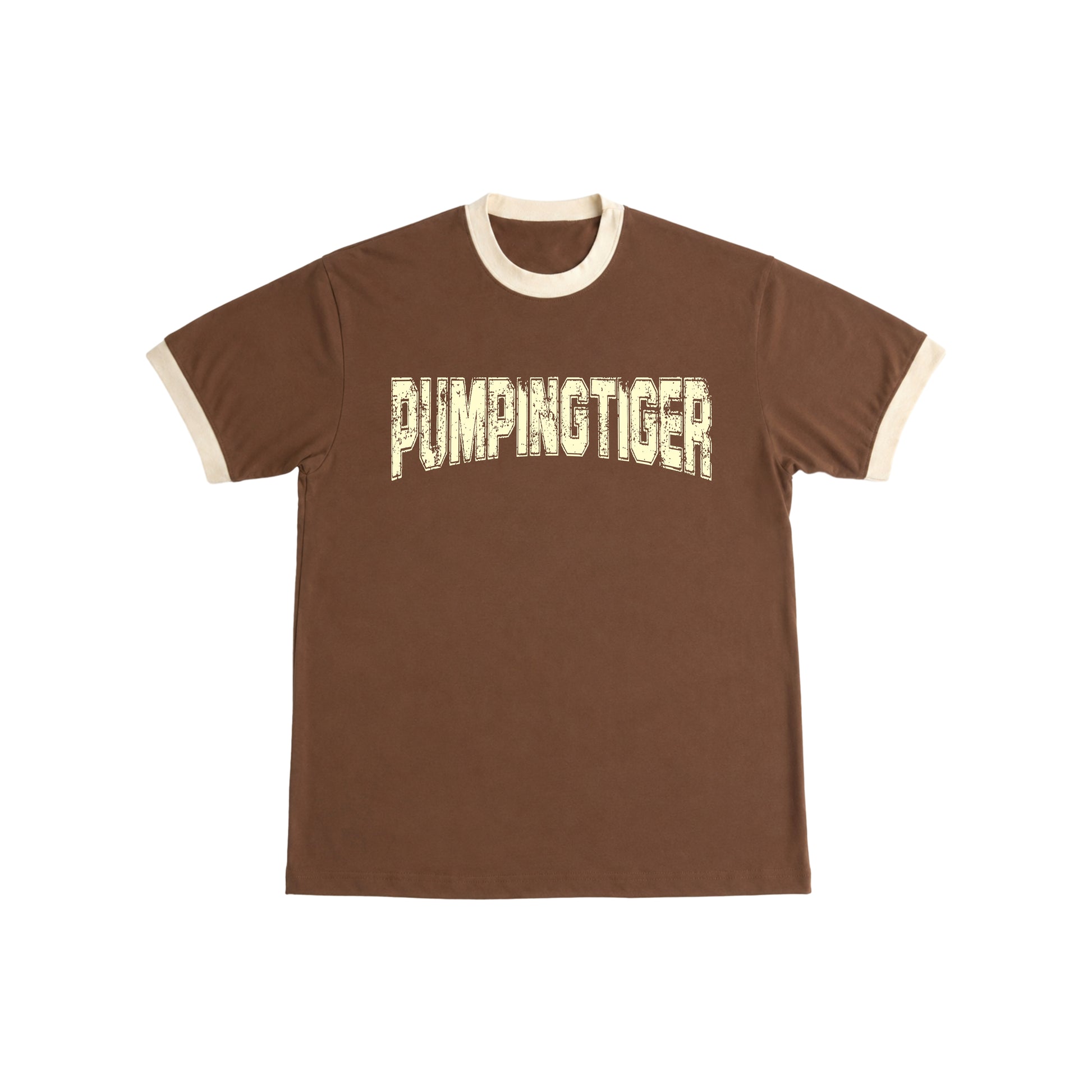 PUMPINGTIGER Varsity Ringer T-Shirt in Mousse & Cream with premium 220 GSM cotton, regular fit, vintage athletic design, and heavyweight men's gym wear.