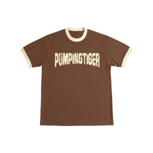 PUMPINGTIGER Varsity Ringer T-Shirt in Mousse & Cream with premium 220 GSM cotton, regular fit, vintage athletic design, and heavyweight men's gym wear.