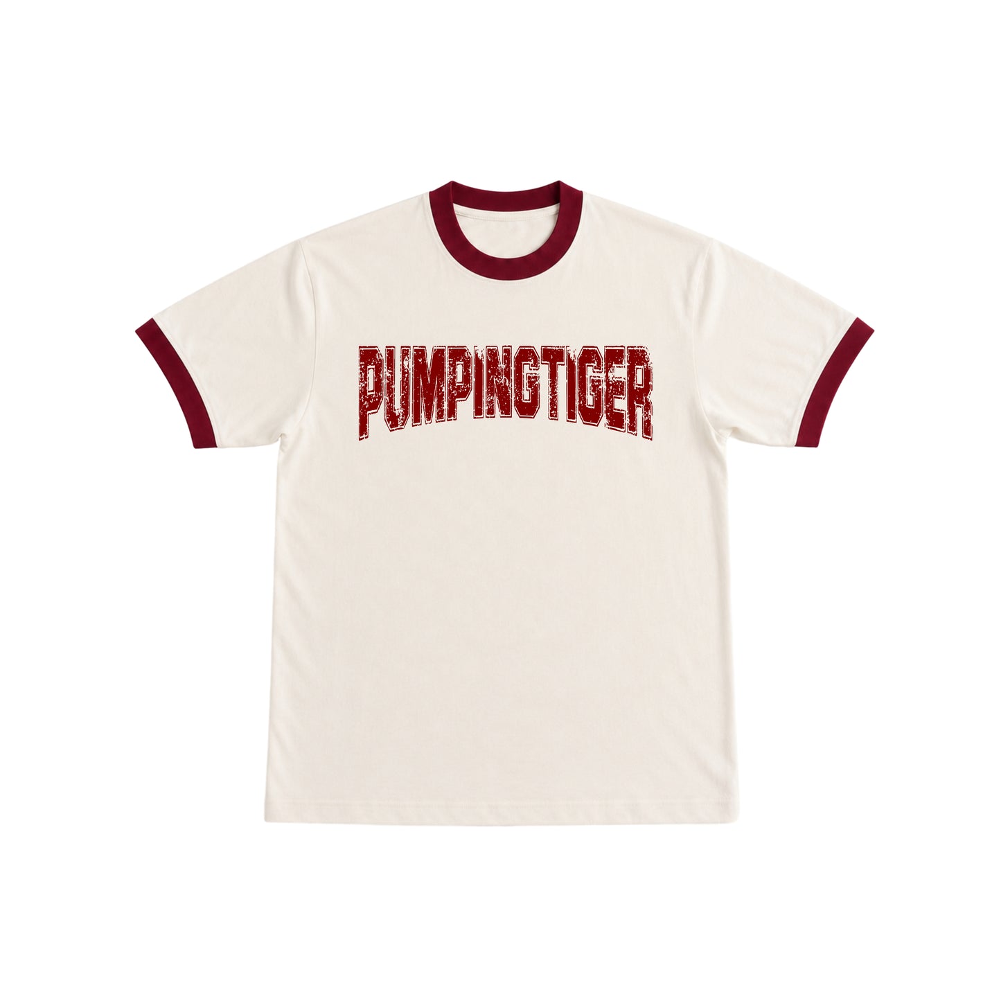 PUMPINGTIGER Varsity Ringer T-Shirt in Off-White & Maroon featuring premium 220 GSM cotton, regular fit, vintage bodybuilding style, and heavyweight men's gym apparel.