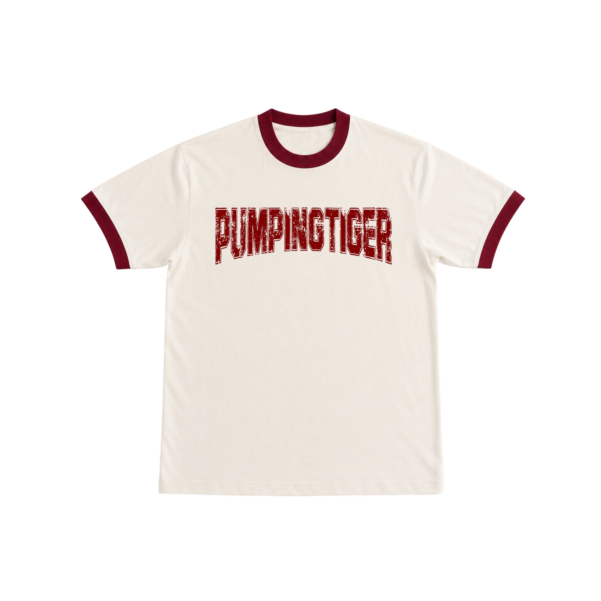 PUMPINGTIGER Varsity Ringer T-Shirt in Off-White & Maroon featuring premium 220 GSM cotton, regular fit, vintage bodybuilding style, and heavyweight men's gym apparel.