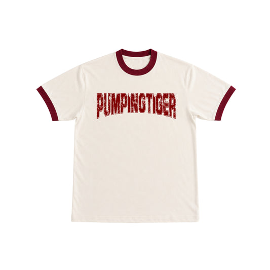 PUMPINGTIGER Varsity Ringer T-Shirt in Off-White & Maroon featuring premium 220 GSM cotton, regular fit, vintage bodybuilding style, and heavyweight men's gym apparel.