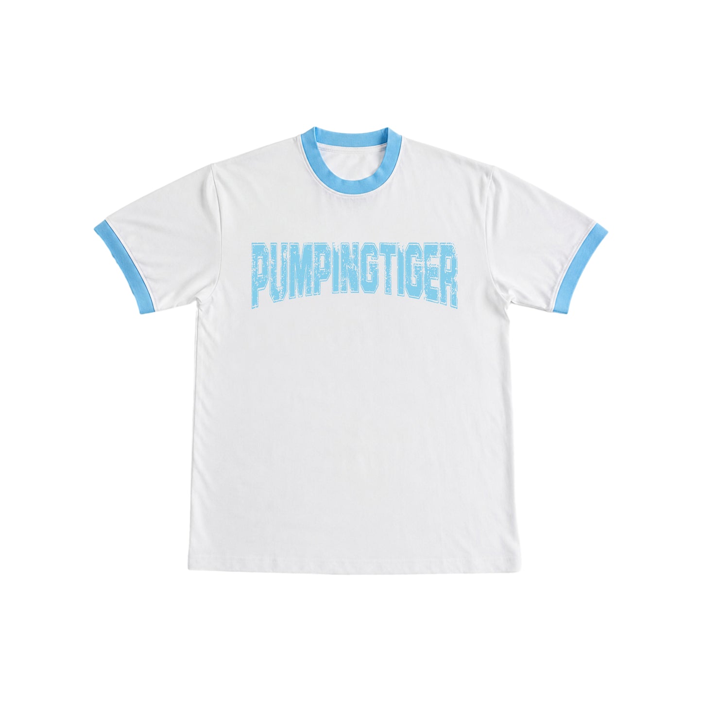 PUMPINGTIGER Varsity Ringer T-Shirt in White & Sky Blue featuring a premium 220 GSM cotton fabric, regular fit, vintage athletic design, and heavyweight gym wear for men.