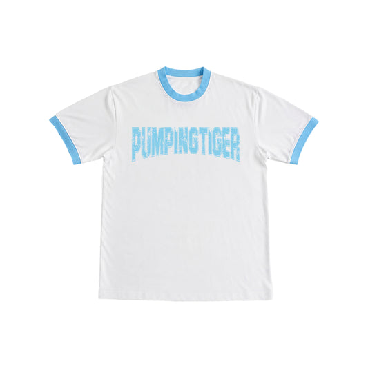 PUMPINGTIGER Varsity Ringer T-Shirt in White & Sky Blue featuring a premium 220 GSM cotton fabric, regular fit, vintage athletic design, and heavyweight gym wear for men.