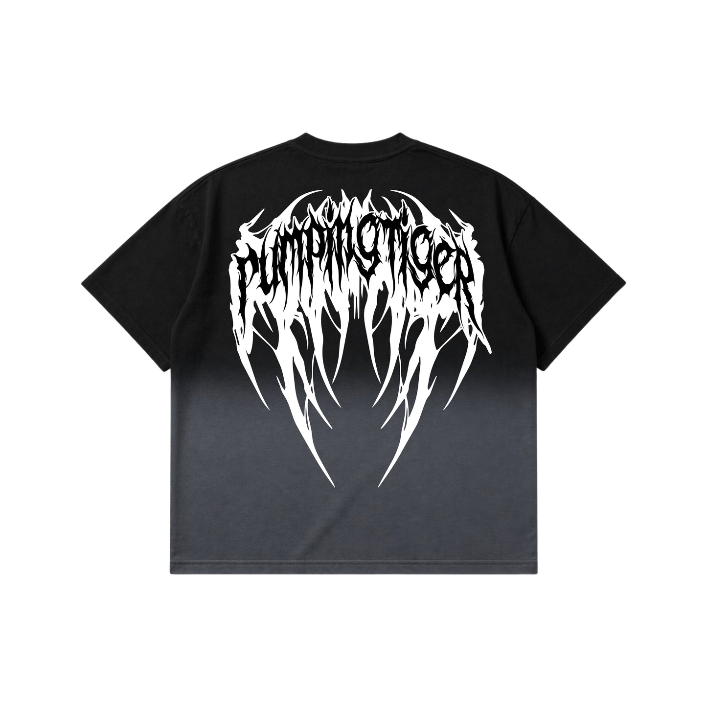 PUMPINGTIGER Voidborn Ombre Washed Boxy T-Shirt back view featuring a large gothic Voidborn graphic on premium 240 GSM French Terry cotton.