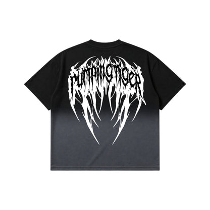 PUMPINGTIGER Voidborn Ombre Washed Boxy T-Shirt back view featuring a large gothic Voidborn graphic on premium 240 GSM French Terry cotton.