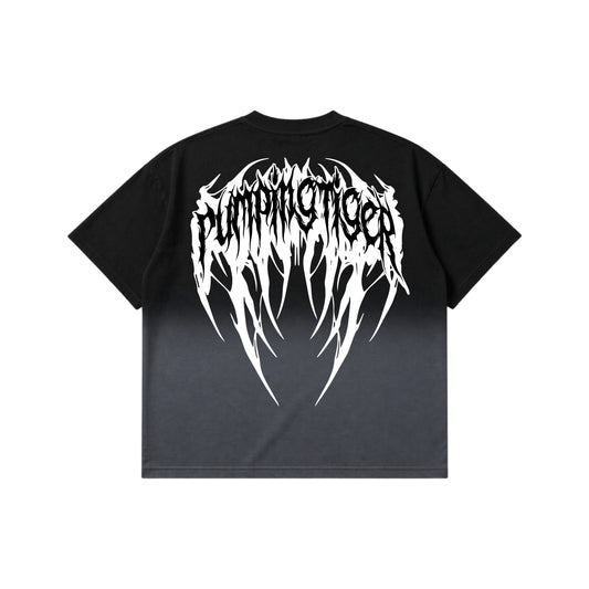 PUMPINGTIGER Voidborn Ombre Washed Boxy T-Shirt back view featuring a large gothic Voidborn graphic on premium 240 GSM French Terry cotton.