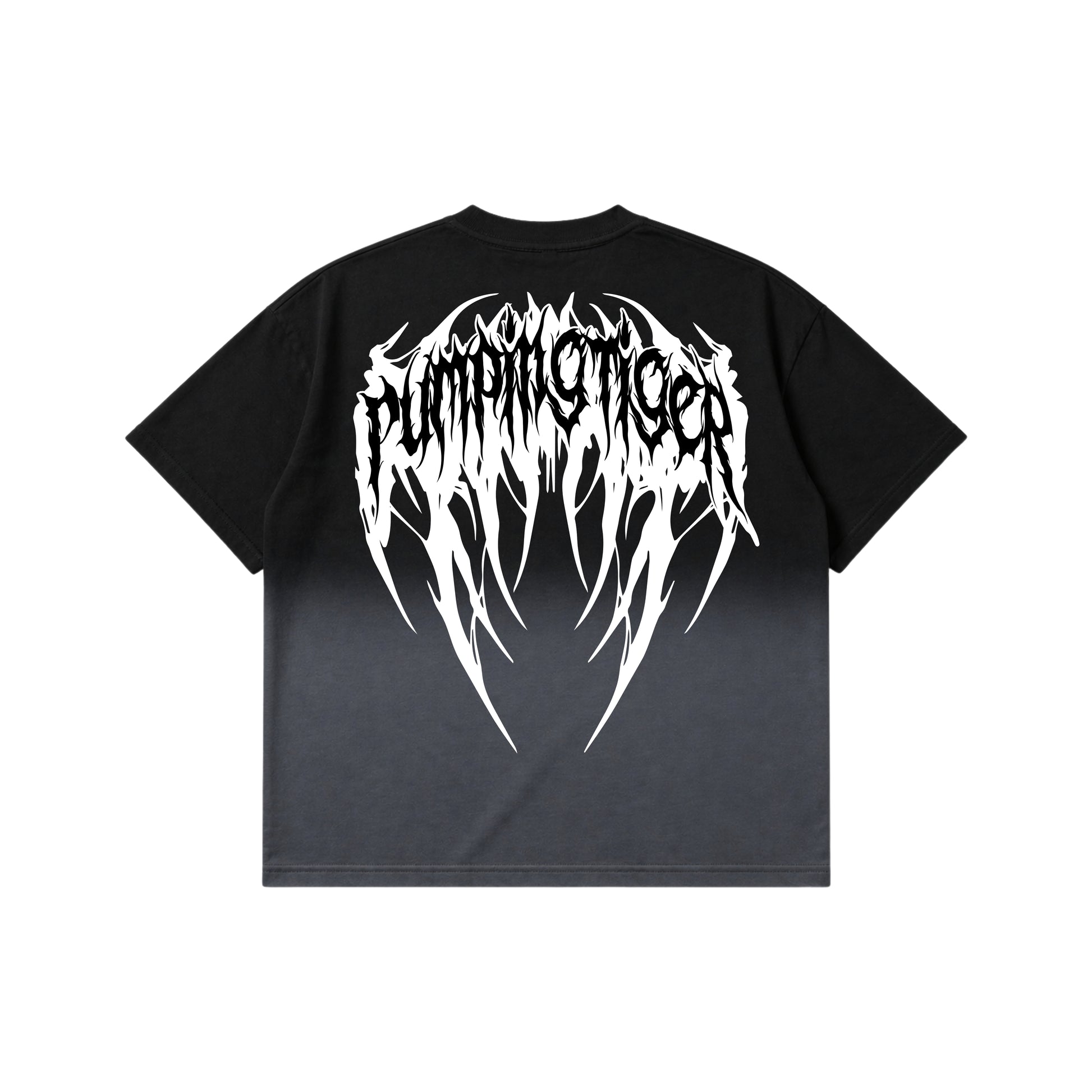 PUMPINGTIGER Voidborn Ombre Washed Boxy T-Shirt back view featuring a large gothic Voidborn graphic on premium 240 GSM French Terry cotton.