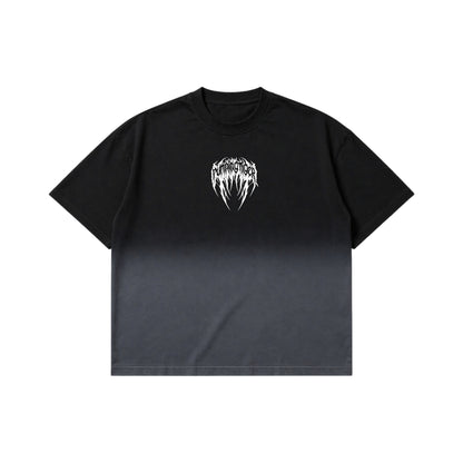 PUMPINGTIGER Voidborn Ombre Washed Boxy T-Shirt front view featuring a gothic chest logo on premium 240 GSM French Terry cotton.