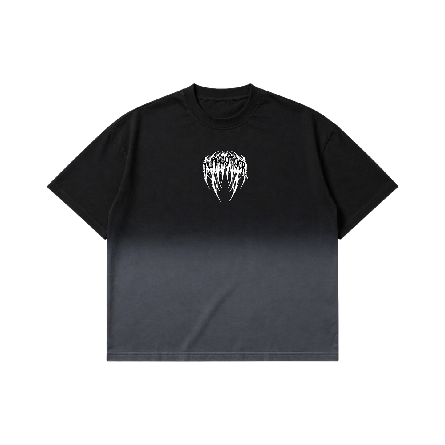 PUMPINGTIGER Voidborn Ombre Washed Boxy T-Shirt front view featuring a gothic chest logo on premium 240 GSM French Terry cotton.