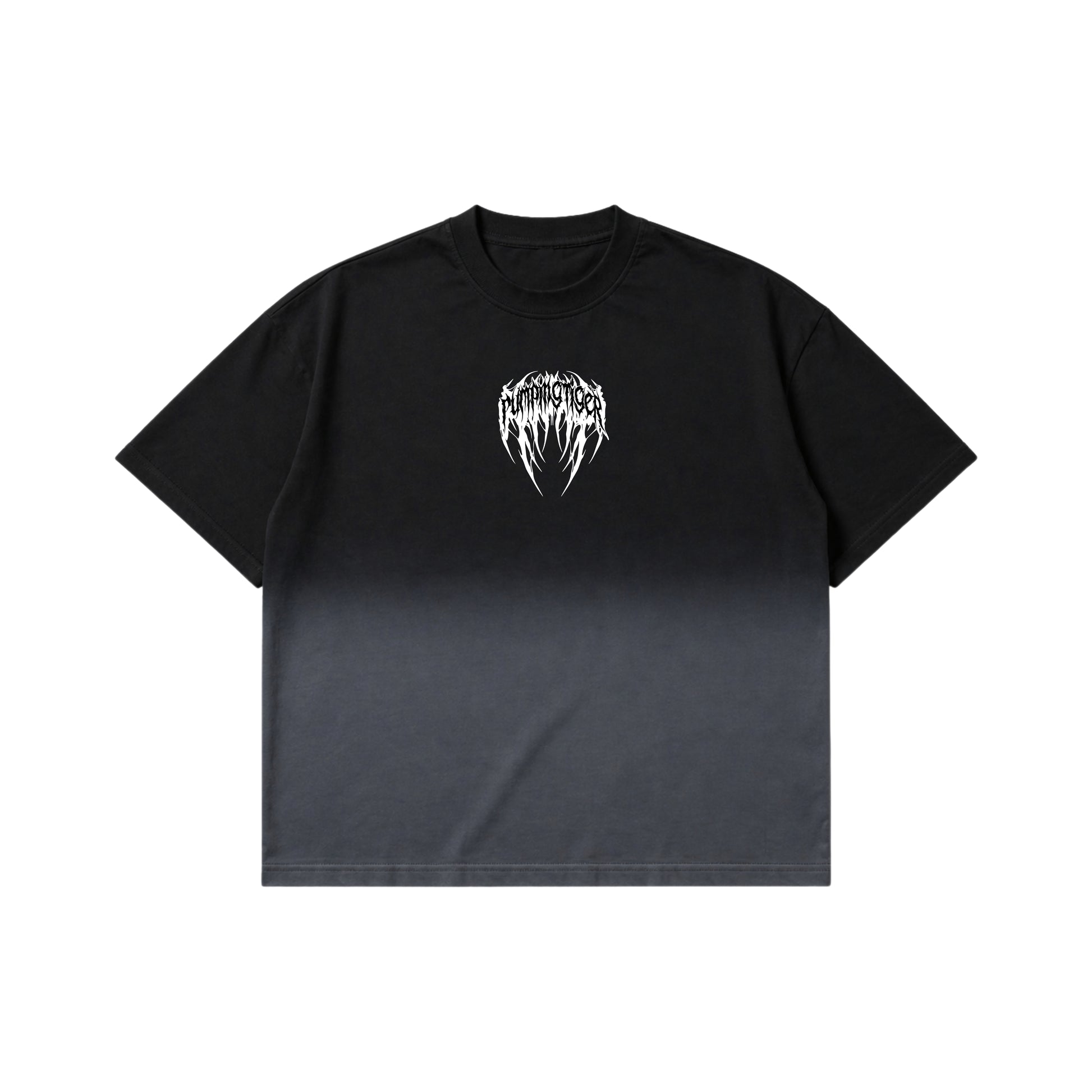 PUMPINGTIGER Voidborn Ombre Washed Boxy T-Shirt front view featuring a gothic chest logo on premium 240 GSM French Terry cotton.