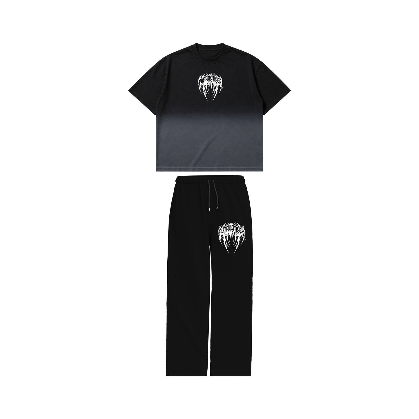 PUMPINGTIGER Voidborn Set front view featuring the Voidborn Ombre Washed Boxy T-Shirt and matching Voidborn Sweatpants.