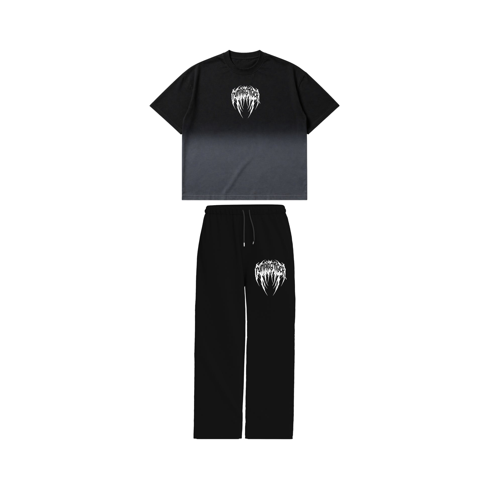 PUMPINGTIGER Voidborn Set front view featuring the Voidborn Ombre Washed Boxy T-Shirt and matching Voidborn Sweatpants.