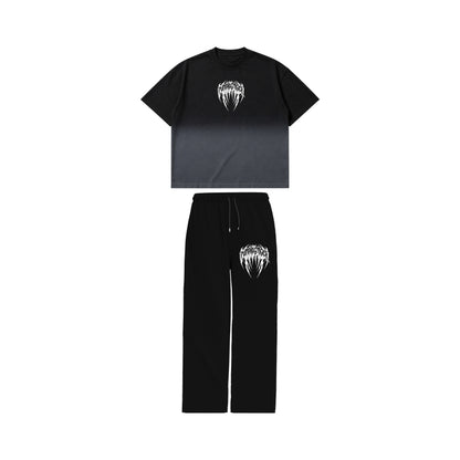 PUMPINGTIGER Voidborn Set front view featuring the Voidborn Ombre Washed Boxy T-Shirt and matching Voidborn Sweatpants.