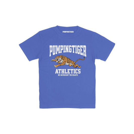 PUMPINGTIGER We Represent The Beasts blue 180 GSM regular fit t-shirt with collegiate athletics tiger graphic.